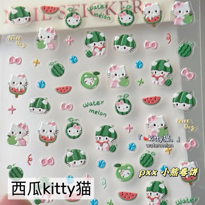 Summer Kitty Cat Nail Art Stickers Watermelon Green Cool Hello Kitty Cat Embossed 3D DIY Decorative Stickers Summer Kitty Cat Nail Art Stickers Watermelon Green Cool Hello Kitty Cat Embossed 3D DIY Decorative Stickers