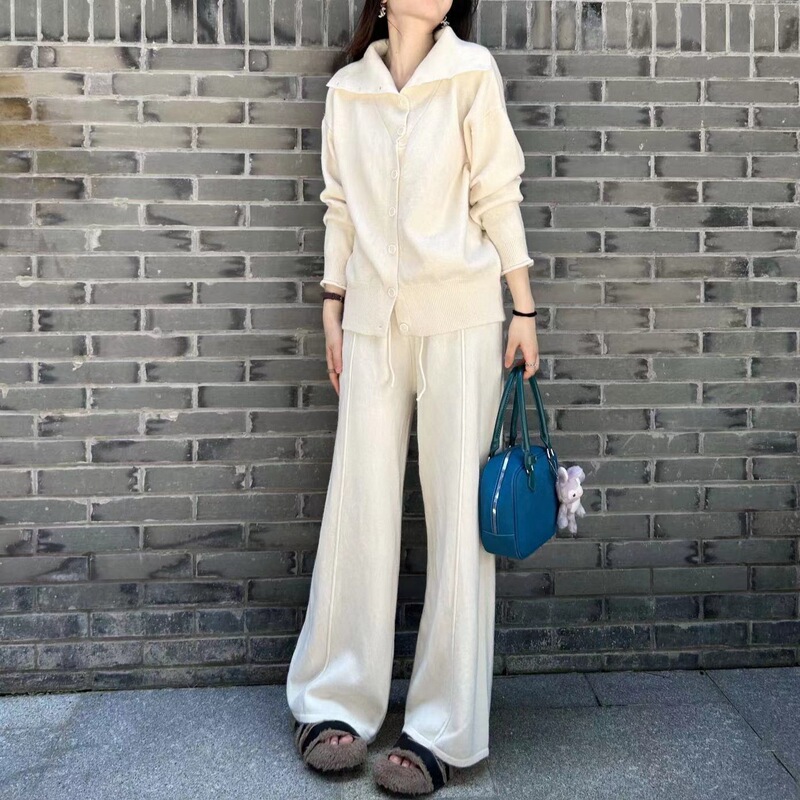针织套装女秋季新款慵懒风显瘦休闲气质时尚阔腿裤毛衣开衫两件套|undefined