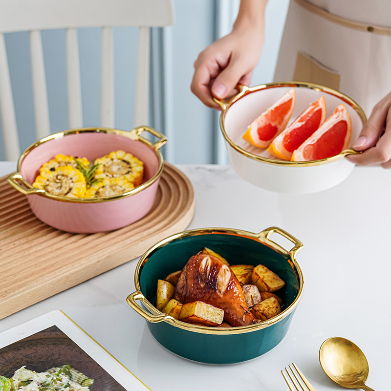 Vajilla nórdica tazón de cerámica de doble oído hogar postre ensalada de frutas tazón creativo lindo Internet celebridad ins tazón de sopa de fideos instantáneos