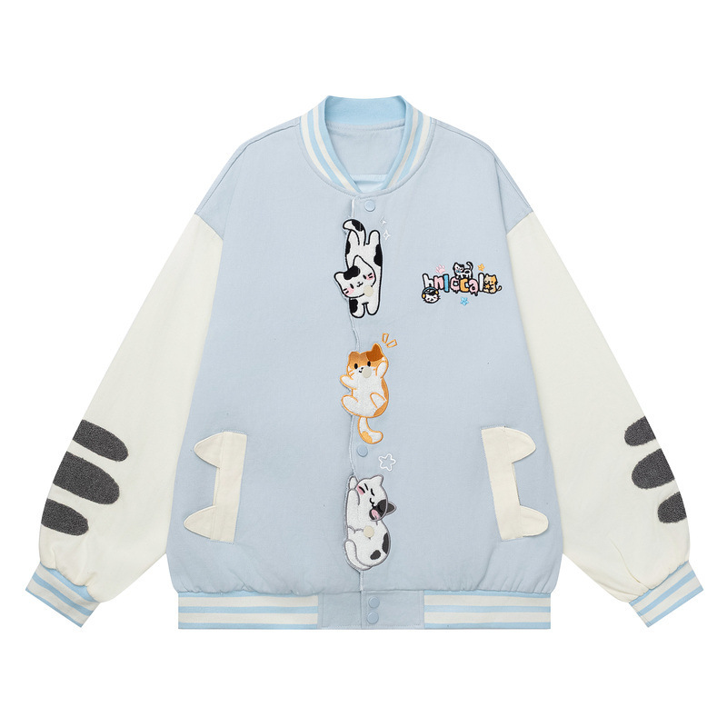 Light blue cat patch baseball jacket, cute cat paw patchwork, soft and loose stand-up collar jacket for female college students Light blue cat patch baseball jacket, cute cat paw patchwork, soft and loose stand-up collar jacket for female college students
