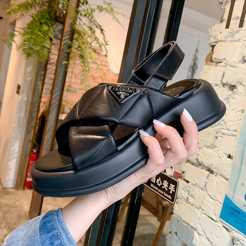 Cross Strap Thick-soled Sandals For Women To Wear Outside Summer Women's Shoes Open-toed Genuine Leather Platform Shoes For Women All-match