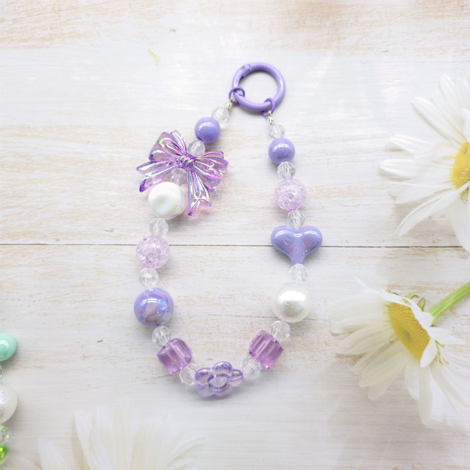 2023 nuevo llavero de cadena de cuentas redondas amor arco colgante Cadena de teléfono móvil colorido fresco perla color sólido coincidencia