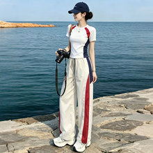 2026超火美式休闲运动套装女夏显瘦撞色正肩T恤速干阔腿裤两件套