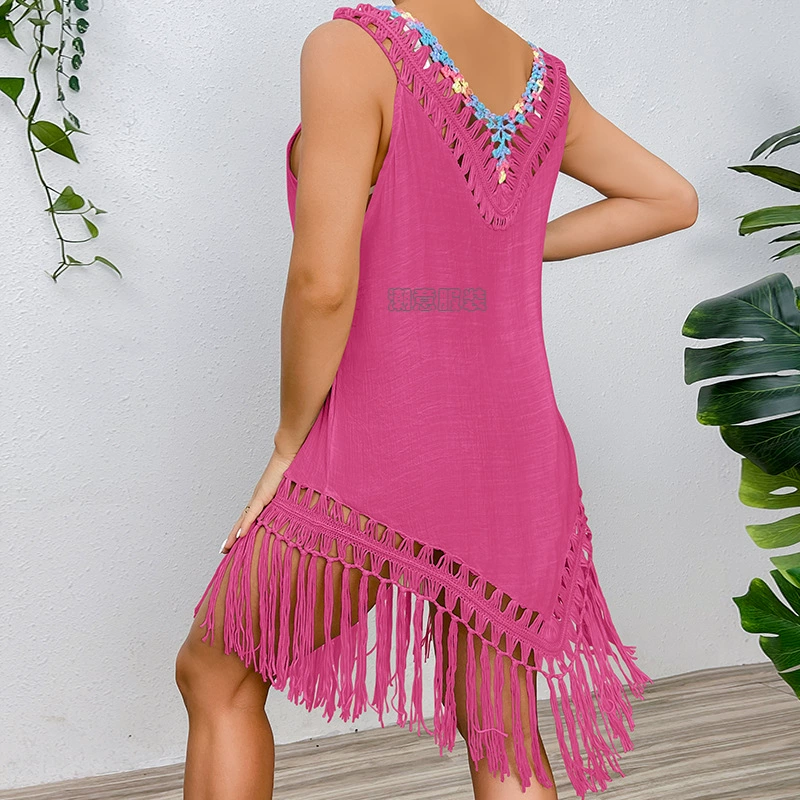 Cross-border vacation splicing colored hooked fur tassel V-neck pullover hollow perspective beach bikini shirt dress