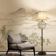 2024年新款中式壁纸电视背景墙纸复古风壁布山水画墙布仿刺绣壁画