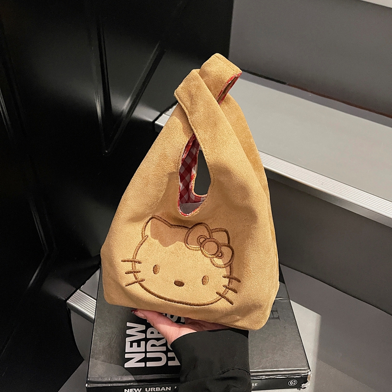 Korean Retro Kt Cat Small Tote Bag for Women, Daily Handbag, Cute Portable Suede Bag for Autumn and Winter