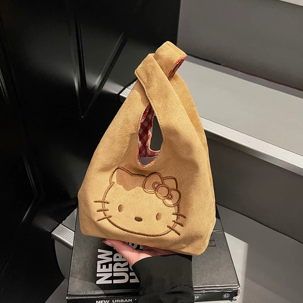 Korean Retro Kt Cat Small Tote Bag for Women, Daily Handbag, Cute Portable Suede Bag for Autumn and Winter