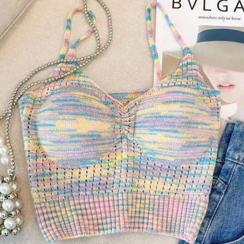 Rainbow striped knitted suspenders for small women xs sweet hottie short top summer outer wear design tube top