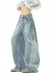 Vintage Washed Distressed Letter Print Jeans for Men and Women, Autumn Street Style Loose Wide-Leg Drape Trendy Straight Pants