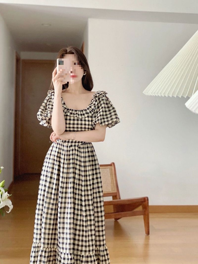 Váy chữ A kẻ sọc midi tay ngắn thắt eo 2026 — Kiểm tra màu xanh chi tiết 5