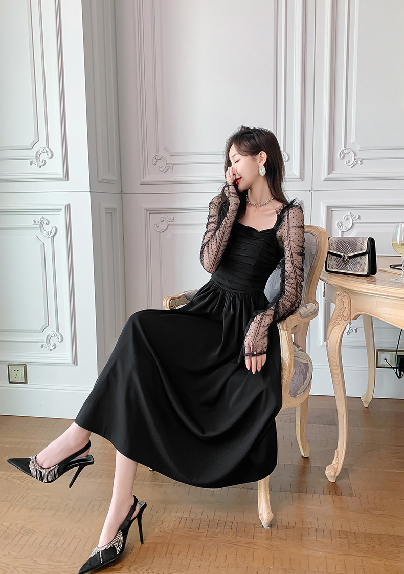 Váy đen ngắn kiểu Hepburn phối lưới tay bồng cổ vuông eo xếp ly — Màu đen chi tiết 8