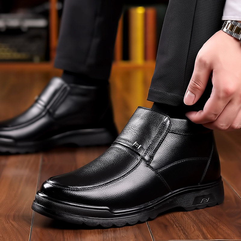 Giày bông nam cao cổ da bò thật lót nhung lông cừu giữ ấm mùa đông — CS5526 Bộ chân màu đen, CS5529 thắt dây màu đen