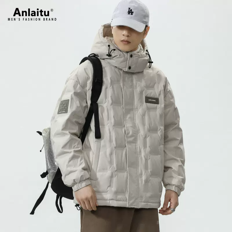 日系简约菱格羽绒服男连帽冬季90鸭绒防寒保暖休闲宽松滑雪外套男
