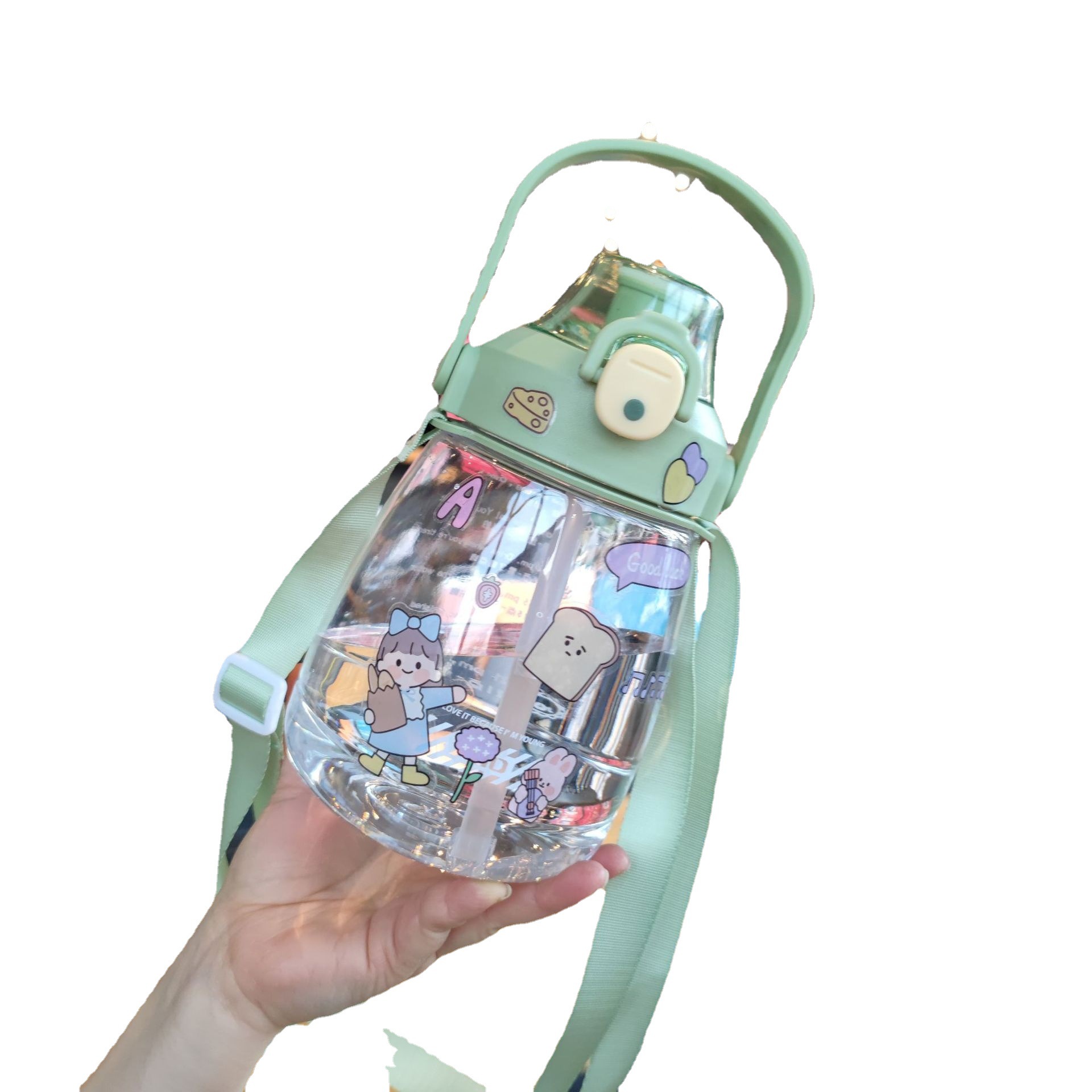 Internet celebridad grasa taza 1100ml gran capacidad estudiante Correa portátil botella de agua niños paja gran vientre taza libre 2D pegatinas