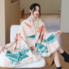 仿羊绒国风水墨画荷花围巾女新款保暖简约秋冬季双面两用加厚围脖