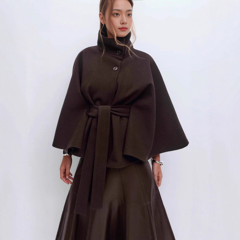 Designed with a Stand-Up Collar, Waist-Cinching, Slimming, Tie-Up, Solid Color Woolen Coat for Women, 2025 Cross-Border European and American Style New Model