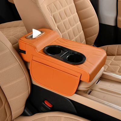 2025 New Model Central Car Armrest Box Heightening Pad Protective Cover Car Armrest Box Pad Car Tissue Box (Armrest box pad) - quilted-embroidery-style-emma-orange
