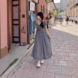 跨境黑色泡泡袖格子连衣裙子女夏季2025年新款小个子气质显瘦长裙