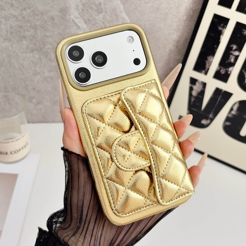 New European and American style small Chanel caviar lock card holder iPhone 17 Pro Max phone case with velvet lining 16p