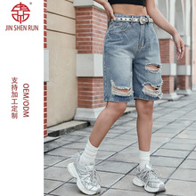 欧美跨境爆款大码女装 加大码宽松怀旧破洞五分牛仔裤女SHORTS