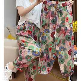 跨境虾皮2025时尚洋气花朵九分裤休闲阔腿哈伦萝卜裤女