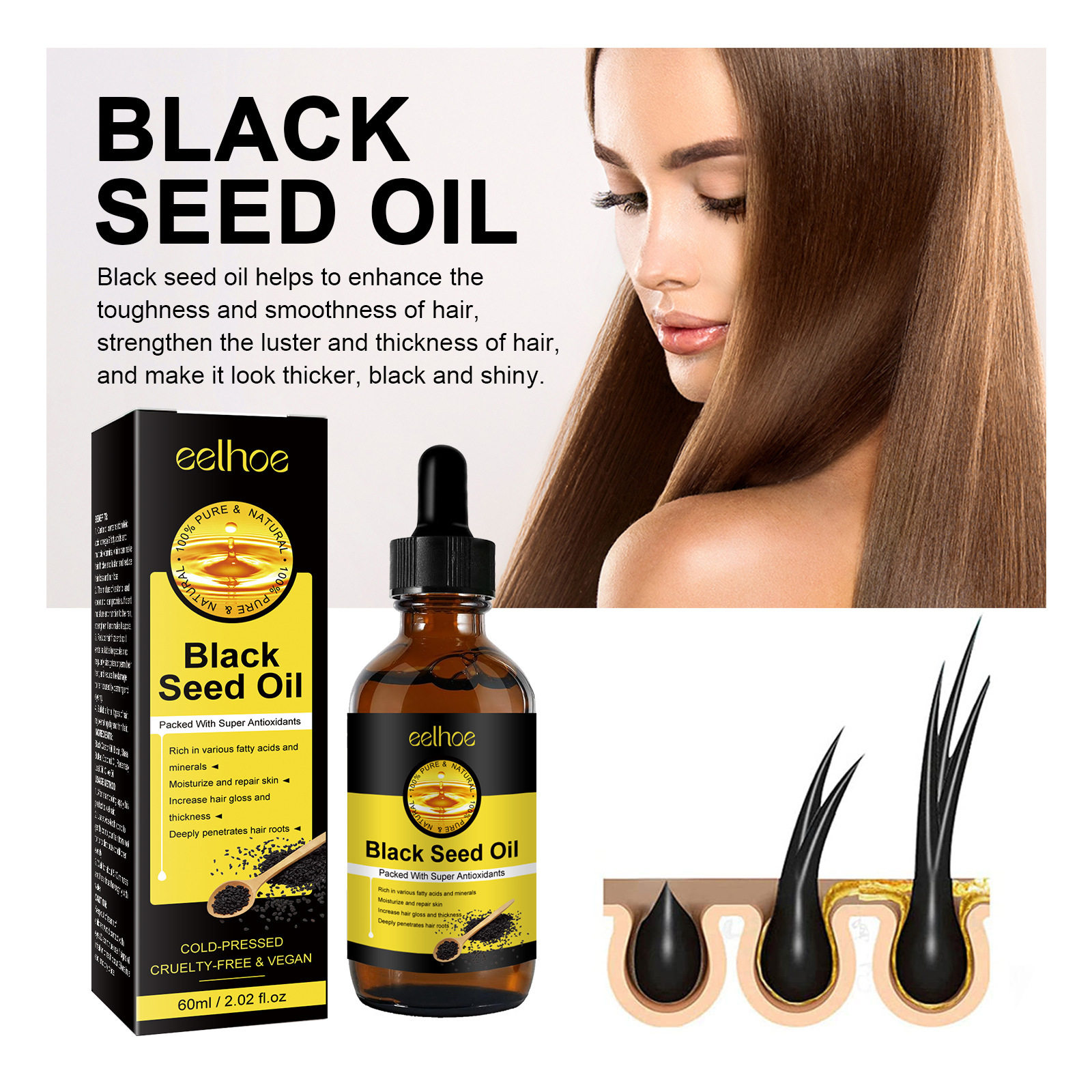 Schwarzkümmel-EELHOE-Öl kann trockenes, reizbares, nährendes, beschädigtes Haar verbessern, dichten Haaren vorbeugen und essen,_voghion.com