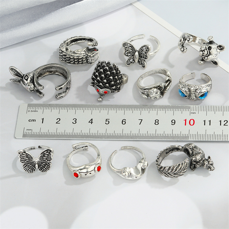 Retro Punk Butterfly Hedgehog Owl Frog Ring Female Ancient Silver Animal Open Ring display picture 13