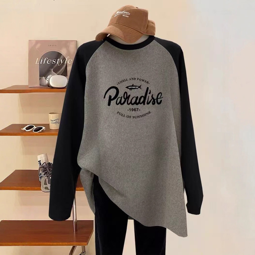 中款女过臀撞色纯棉长袖t恤女韩版宽松时尚百搭大码上衣秋冬季潮