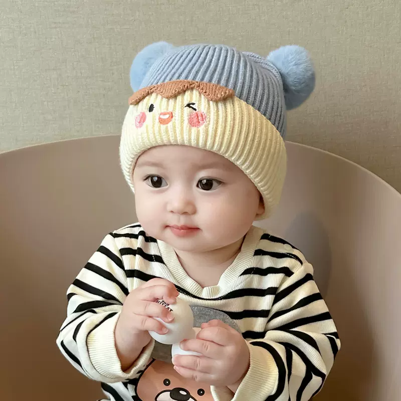 秋冬季宝宝帽子毛球套头帽可爱婴幼儿针织毛线加厚护耳男女超萌潮