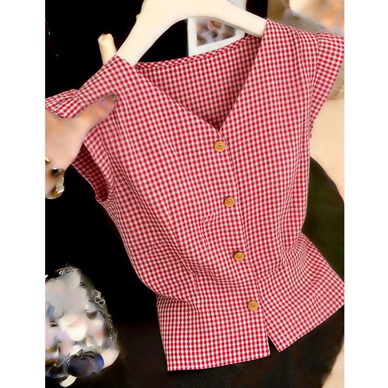 2026 Summer New Style French Retro Plaid V-Neck Small Flying Sleeves Age-Reducing Design Pleated Waist-Cinching Shirt for Women 2026 Summer New Style French Retro Plaid V-Neck Small Flying Sleeves Age-Reducing Design Pleated Waist-Cinching Shirt for Women