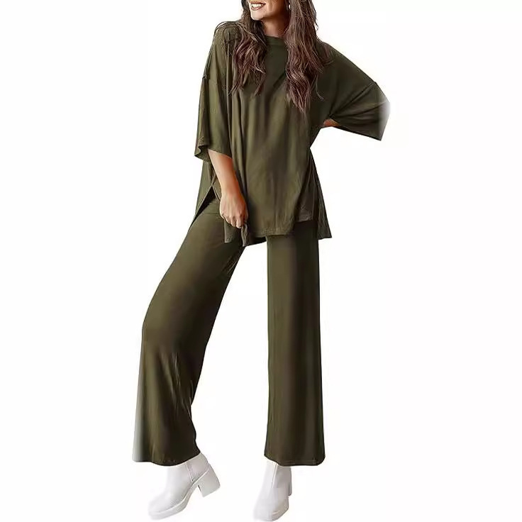 2025 Amazon Women's 2-piece Casual Short-sleeved Pullover Top Wide-leg Pants Casual suit Women's Track Wear