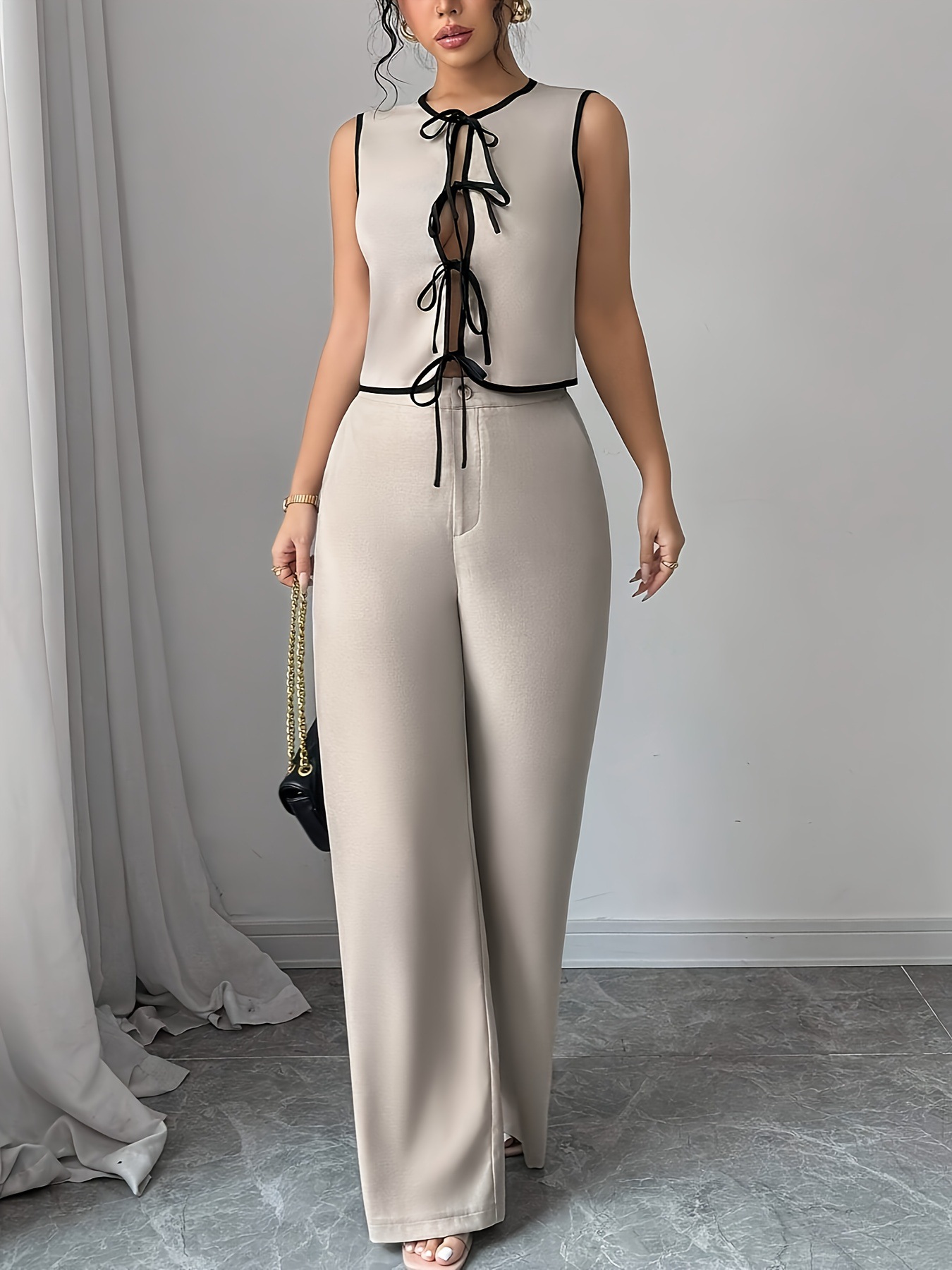Women's Clothing Contrast Color Bow Tie Shirt Beige Wide Leg Pants Suit_ecoleips.com