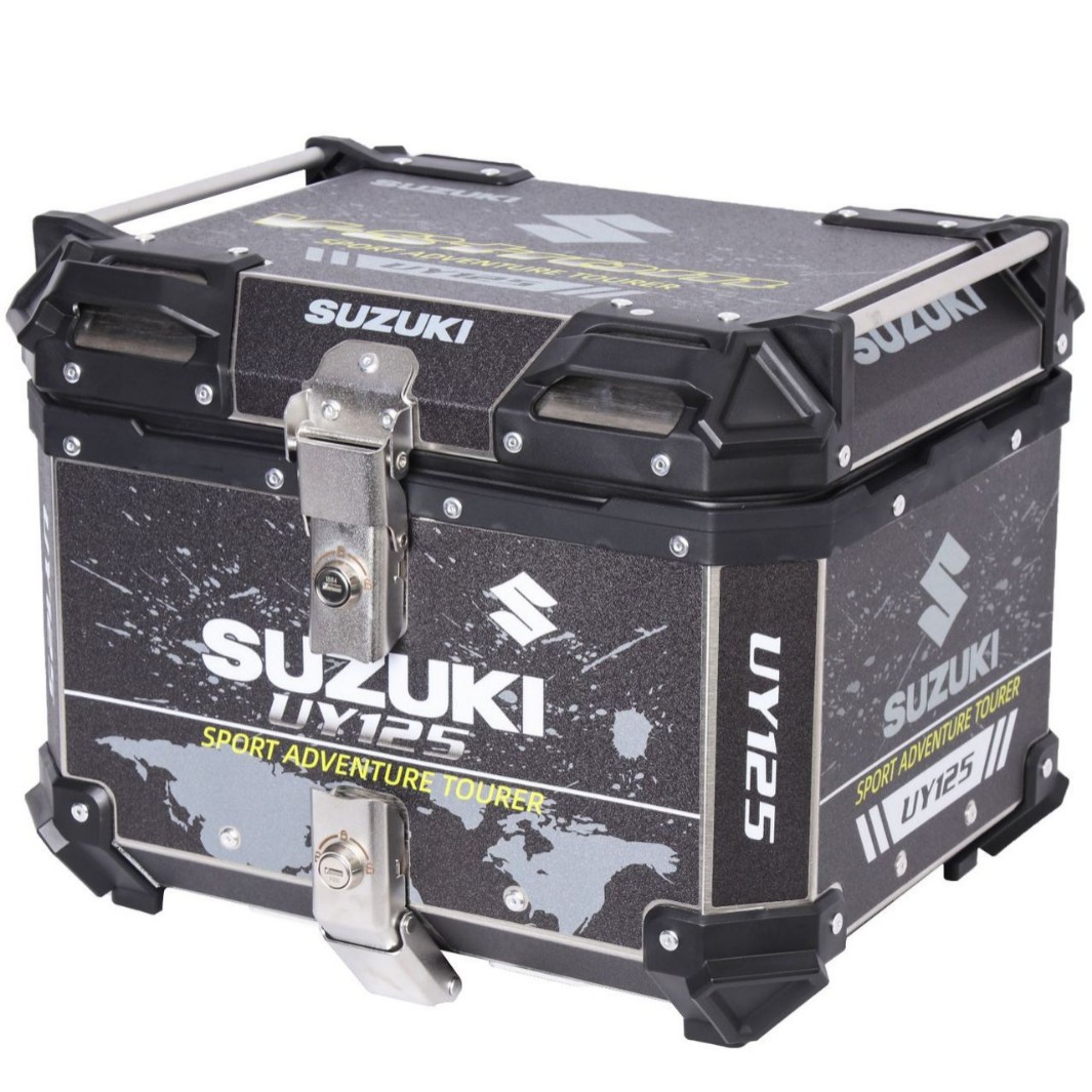 45LUY125 caja trasera de aleación de aluminio negro con calcomanía, caja trasera de motocicleta, scooter, ternero, coche eléctrico, maletero