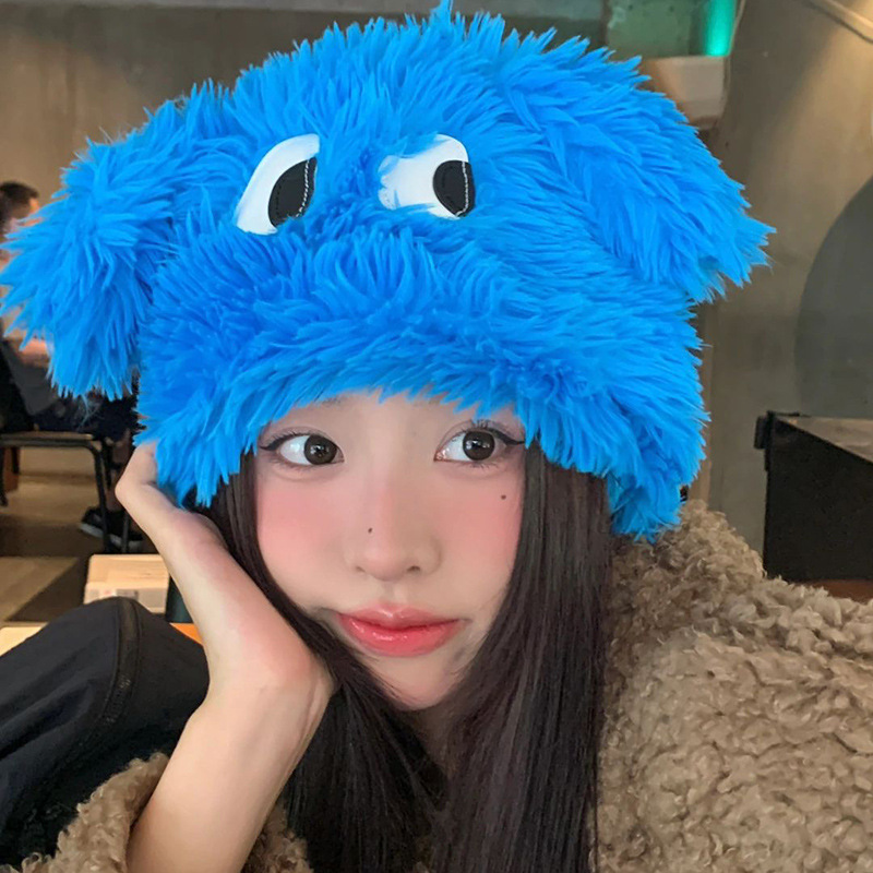 日系搞怪卡通大眼小狗套头帽女秋冬保暖护耳甜美可爱加厚毛绒帽子|undefined