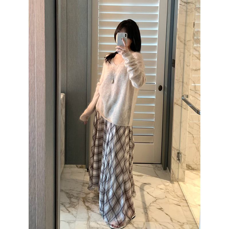 Fox Room Casual Plaid A-Line Skirt 2026 New High-Waisted Versatile Lazy Loose Long Skirt Y206