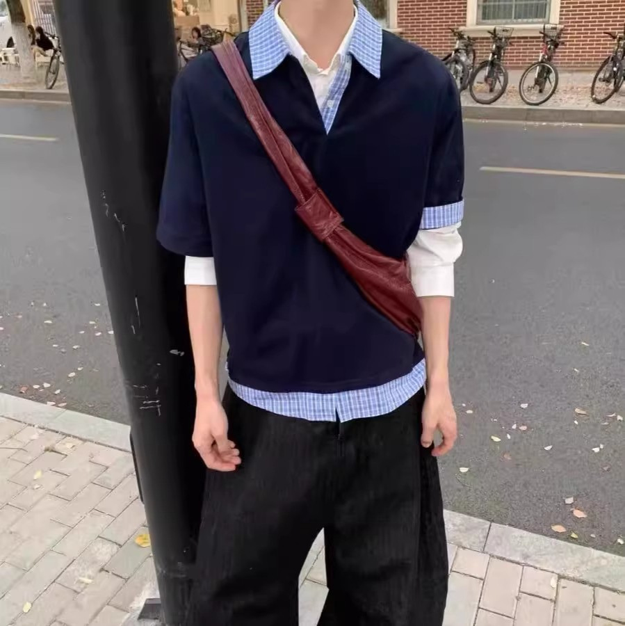 네이비 가짜 2 조각 바느질 격자 무늬 폴로 칼라 반팔 셔츠 남성과 여성을위한 여름 미국 대학 스타일 티셔츠