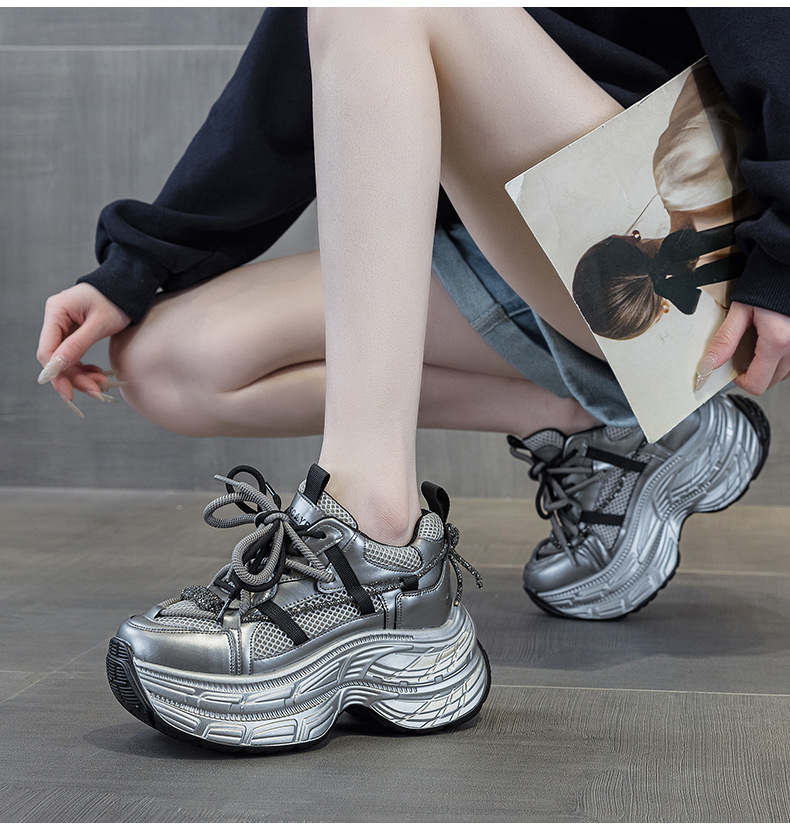 Giày sneaker nữ chunky đế dày phong cách Hàn Quốc, đính đá thời trang, phù hợp người thấp bé — M2803 màu xám, M2803 màu be chi tiết 13