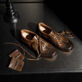 水洗马皮复古单鞋女舒适低跟鞋秋季新款真皮方头做旧系带休闲单鞋