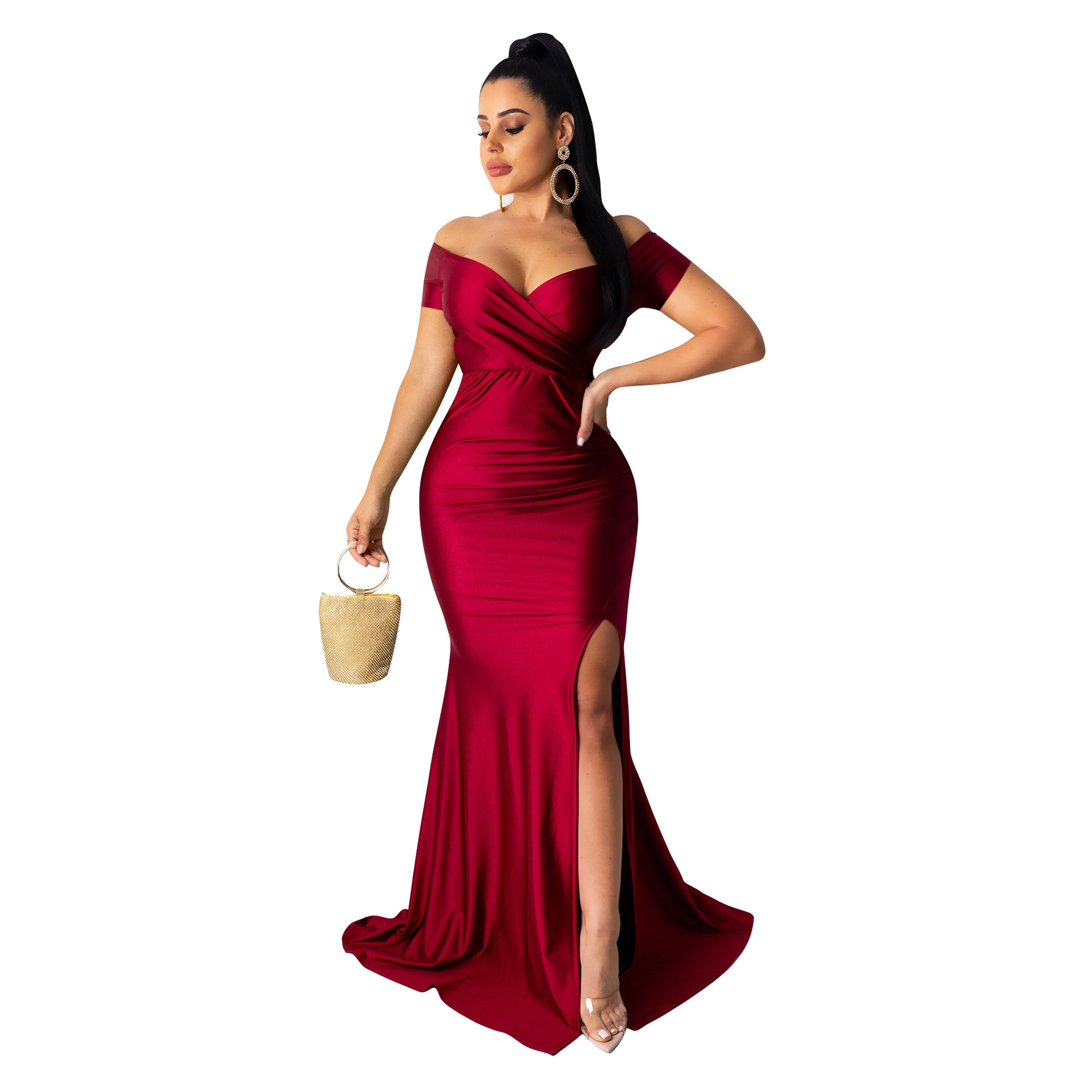 Solid Color Pattern Summer Season Women'S Gender Elegant Style Wholesale Women'S Elegant Solid Color Evening Party V Neck Short Sleeve Party Dress