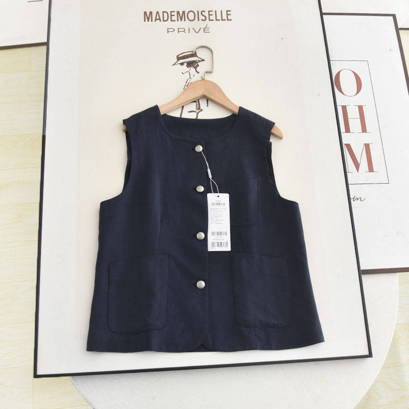 Shi Series 2025 Summer Round Neck Elegant Casual Navy Blue Sleeveless Vest Layered Vest Top for Women