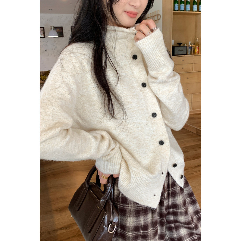 Discount European Style Lazy and Relaxed Half-High Round Neck Sweater Cardigan Jacket for Women Autumn and Winter 2025 New Knitted Top