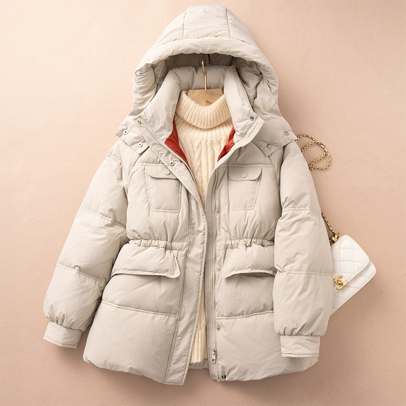 Hooded Petite White Duck down Jacket for Women 2025 Winter New Fashion Belted White Duck down Multi-Pocket Coat