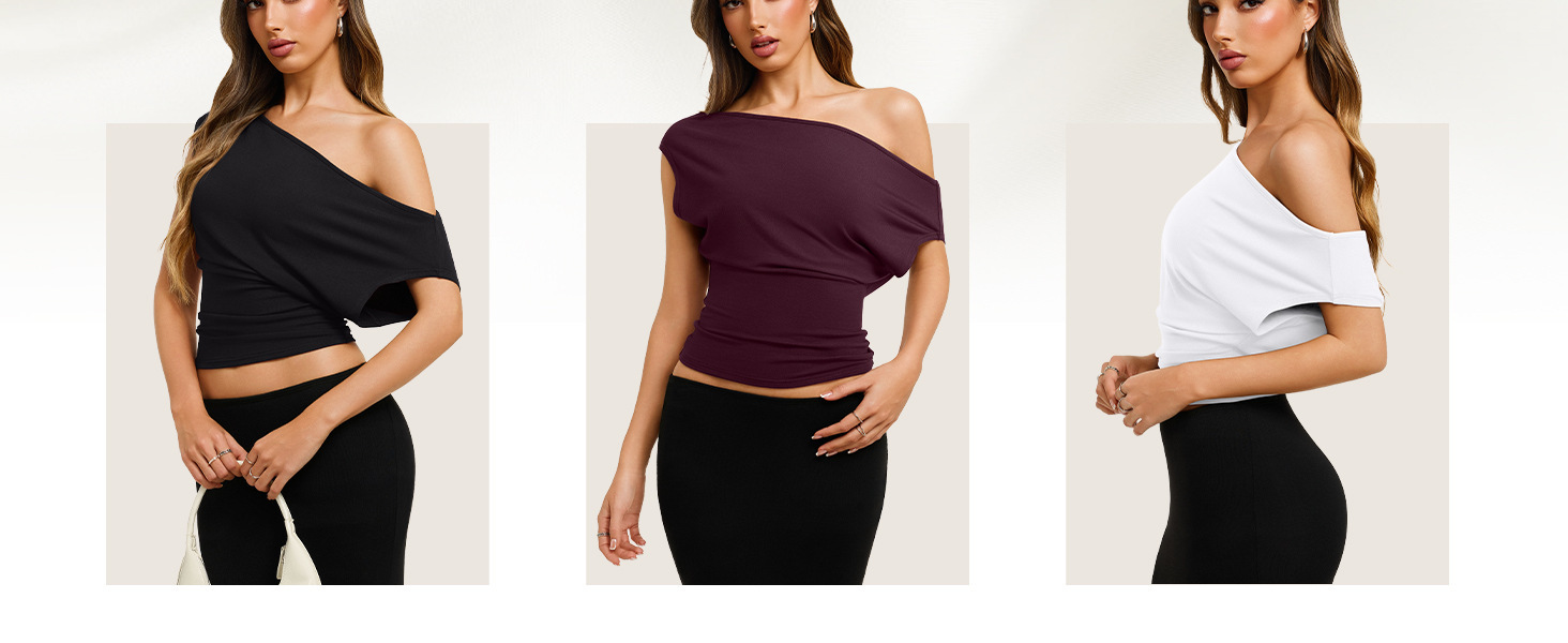 Women's Sexy Off Shoulder Asymmetrical Slim Fit Short Sleeve Top – Side Slash Neck Summer Tee_ecoleips.com
