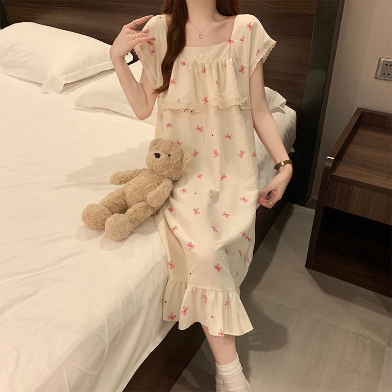卸売クロスボーダー小さな新鮮な愛半袖ネグリジェ女性の夏のミッドレングス甘いスタイル女の子ネグリジェホーム服|undefined