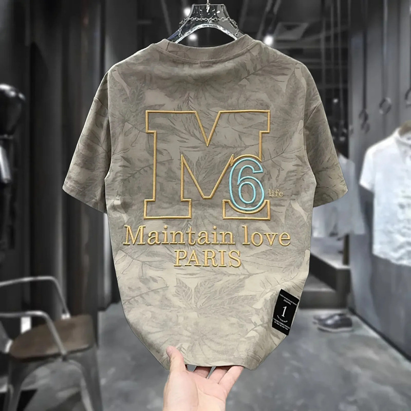 刺繍M6レターTシャツ夏万能トレンドブランド半袖ヘビーデューティーハンサムデザイン通気性Tシャツ|undefined