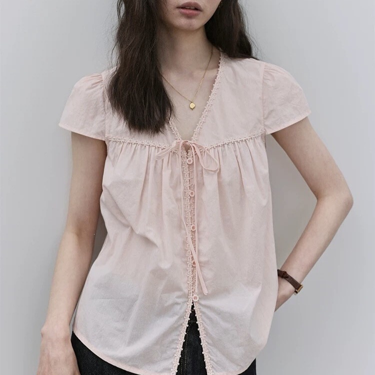 "Mustard Pie" Pink V-Neck Lace Pleated Shirt for Women, New Summer Style, Sweet Cotton Top with Ties "Mustard Pie" Pink V-Neck Lace Pleated Shirt for Women, New Summer Style, Sweet Cotton Top with Ties