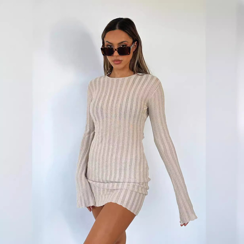 Aliexpress Amazon Knitted Dress Women's New Foreign Trade European and American Sexy Long-Sleeved Lace-Up Pick-Up Sweater for Women