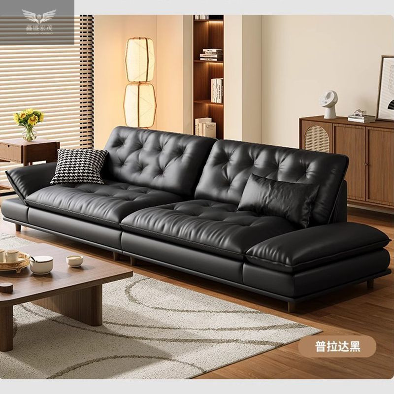 Sofá de cuero de piel de vaca de primera capa Sala de estar minimalista moderna Vela de estilo retro en línea recta estilo italiano de alta gama ligero lujo minimalista