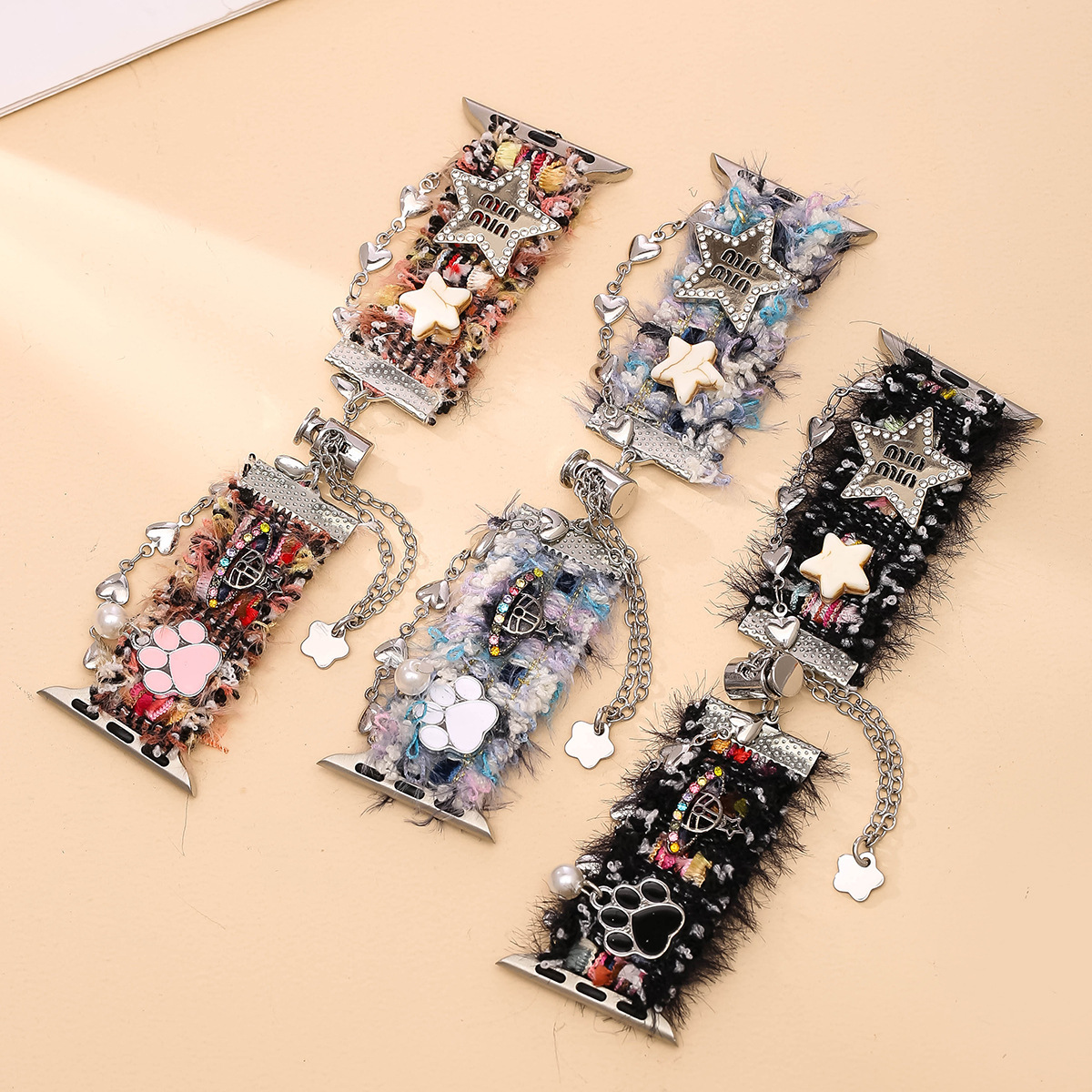 秋冬圣诞款羊毛呢伸缩链表带链适用applewatch8苹果7手表表带s956