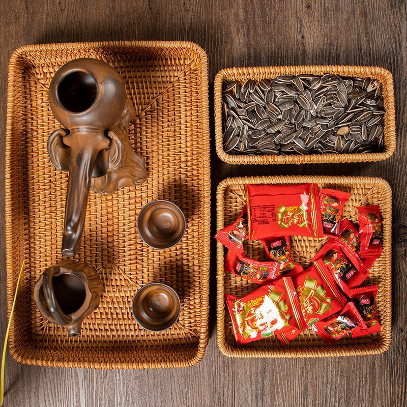 Selección estricta de viento pastoral cuadrado tela de caña bandeja de caña artesanal canasta de caña exhibición de supermercado de comercio exterior canasta de almacenamiento multifuncional